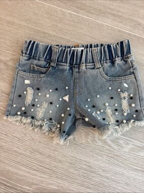 Lola + The Boys Light Blue Distressed Denim Shorts with Pearls